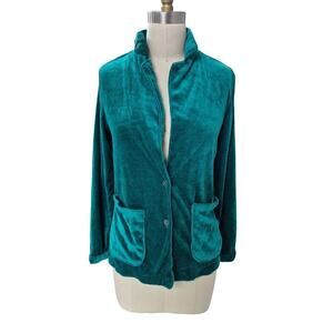 Vtg 80s Skiva Int. 100% Acrylic Velour Blazer Teal Green Pockets Button Up S